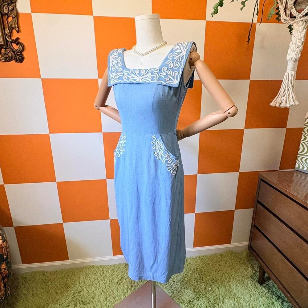 50s Vintage Sky Blue and White Ribboned Wiggle Dress with Sailor Collar